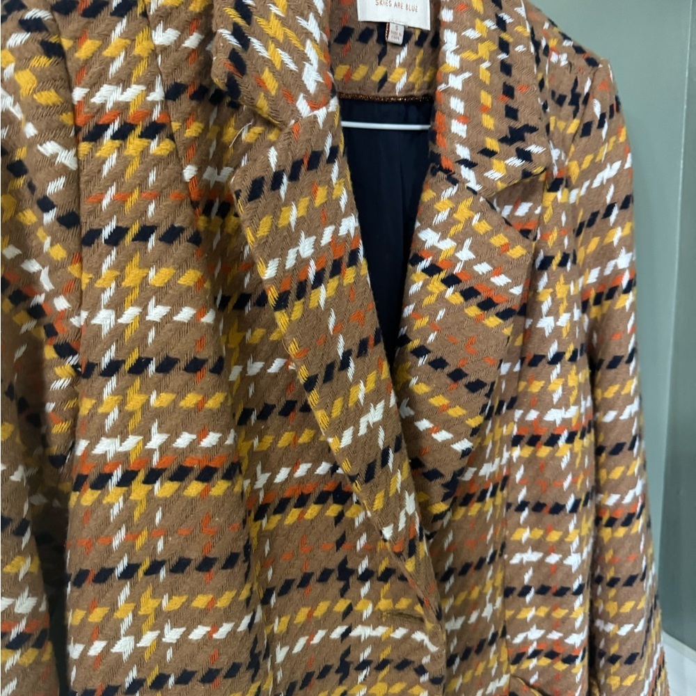 Skies Are Blue Mustard Plaid Long Trench Coat with Black & White Accents - Picture 2 of 7